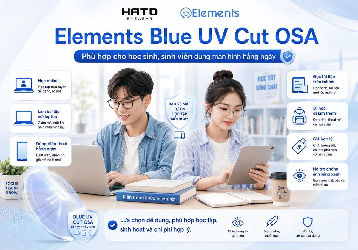 Tròng kính Elements Blue UV Cut OSA phù hợp cho học sinh, sinh viên học online, dùng laptop, điện thoại và tablet hằng ngày