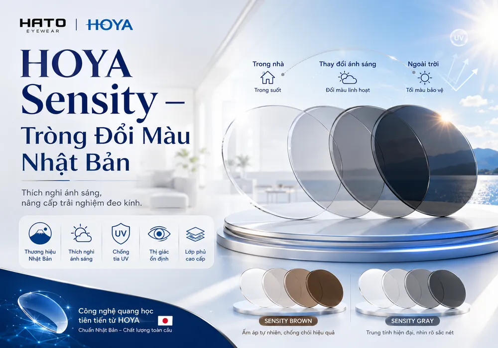 Ảnh minh họa HOYA Sensity – tròng kính đổi màu Nhật Bản với khả năng thích nghi ánh sáng, chuyển màu linh hoạt trong nhà và ngoài trời, hỗ trợ chống tia UV, mang lại trải nghiệm đeo kính ổn định và cao cấp tại HATO Eyewear.