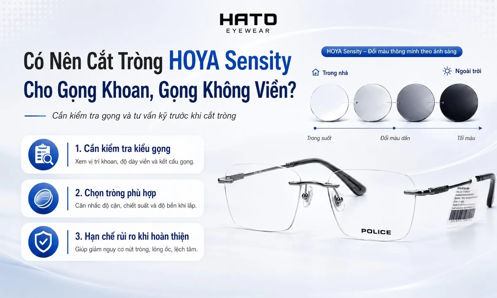 Infographic cắt tròng HOYA Sensity cho gọng khoan gọng không viền tại HATO Eyewear