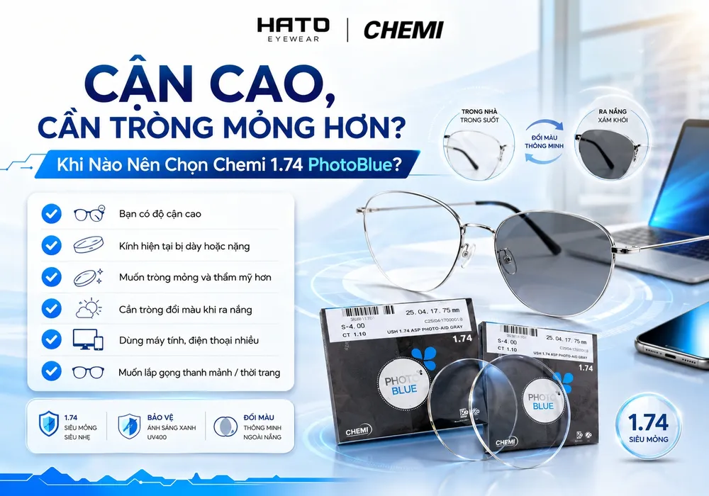 Khi nào nên chọn Chemi 1.74 PhotoBlue, tròng kính mỏng cho người cận cao tại HATO Eyewear