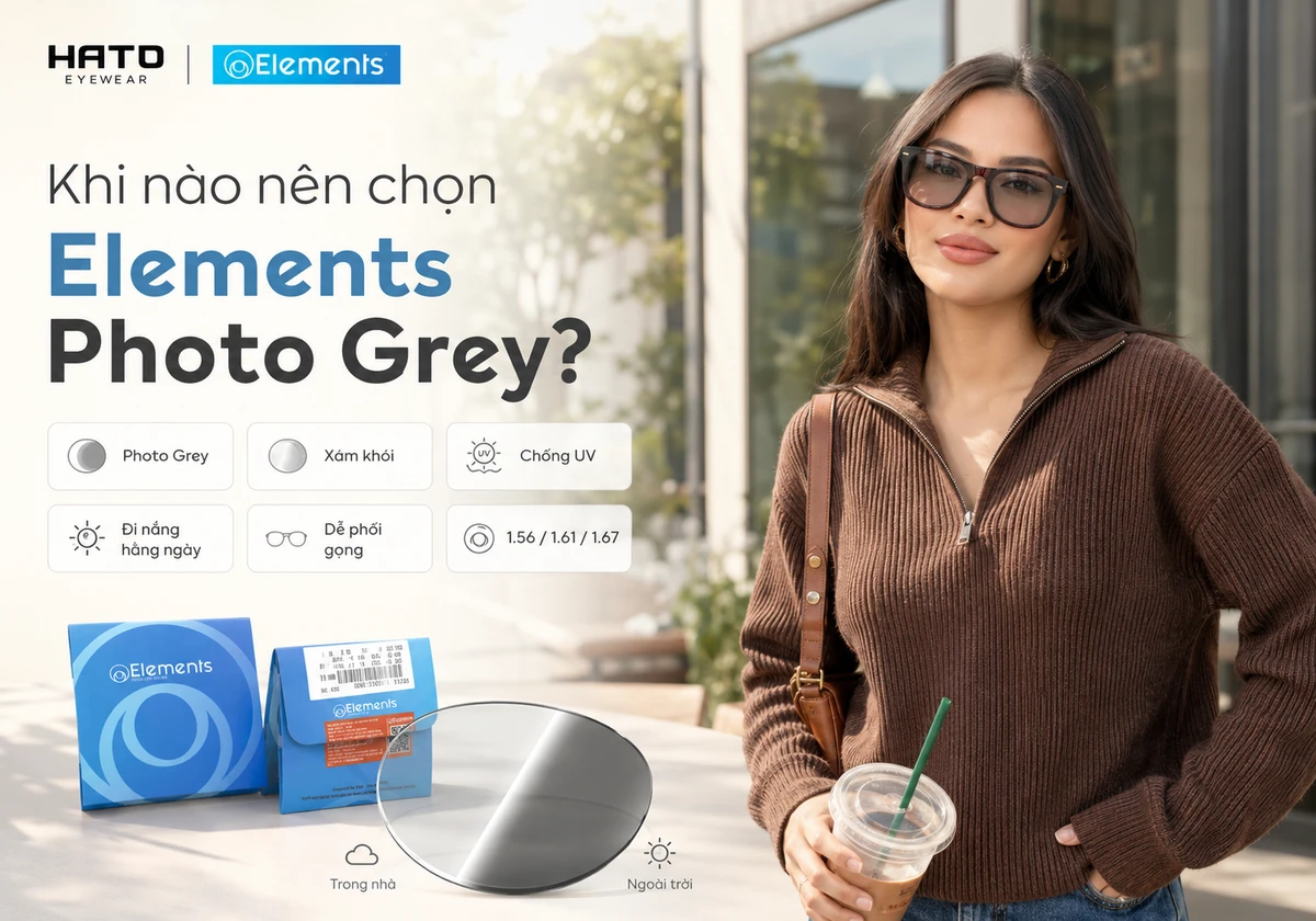 Ảnh blog giới thiệu Elements Photo Grey với hiệu ứng đổi màu xám khói nhẹ, phù hợp đi nắng hằng ngày và phong cách đeo kính thời trang.