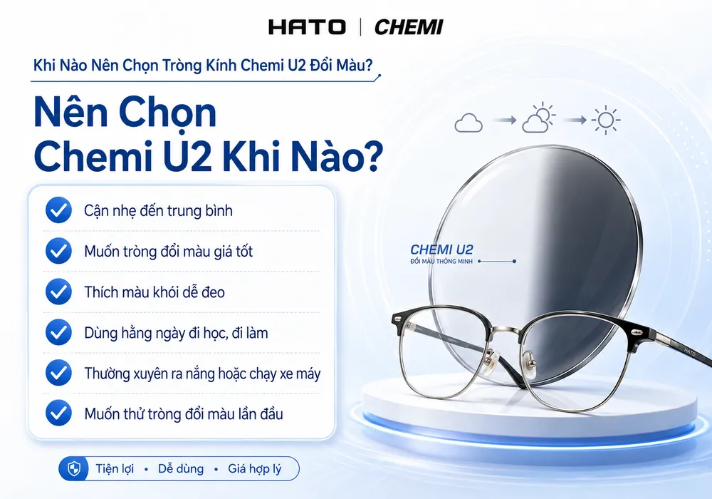 Ảnh infographic về thời điểm nên chọn tròng kính Chemi U2 đổi màu, phù hợp cho người cận nhẹ đến trung bình, cần tròng đổi màu giá tốt và dùng hằng ngày.