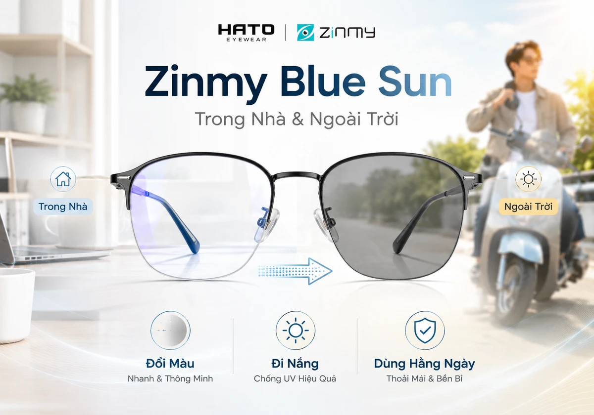 Ảnh minh họa tròng kính Zinmy Blue Sun với khả năng đổi màu khi ra nắng, phù hợp cho người cần kính dùng trong nhà và ngoài trời, đi nắng hằng ngày, chống UV và hỗ trợ lọc ánh sáng xanh tại Hato Eyewear.