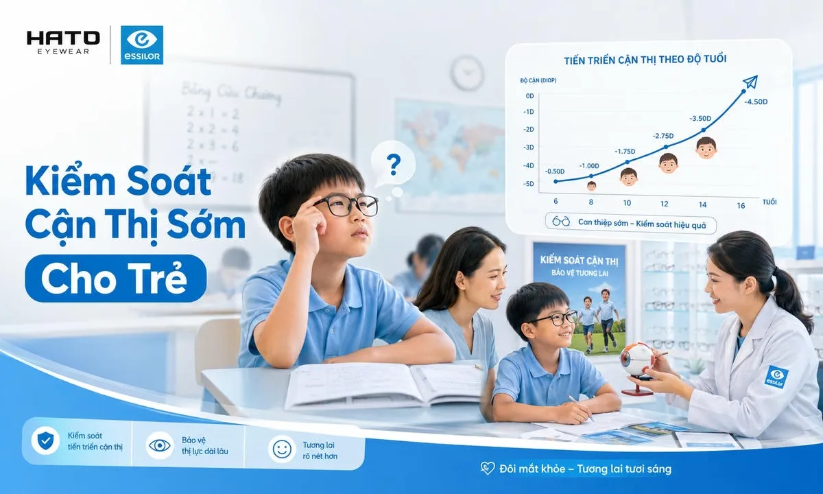 Ảnh minh họa kiểm soát cận thị sớm cho trẻ em với học sinh nhìn bảng, biểu đồ độ cận tăng dần và chuyên viên HATO Eyewear tư vấn tròng kính Essilor.