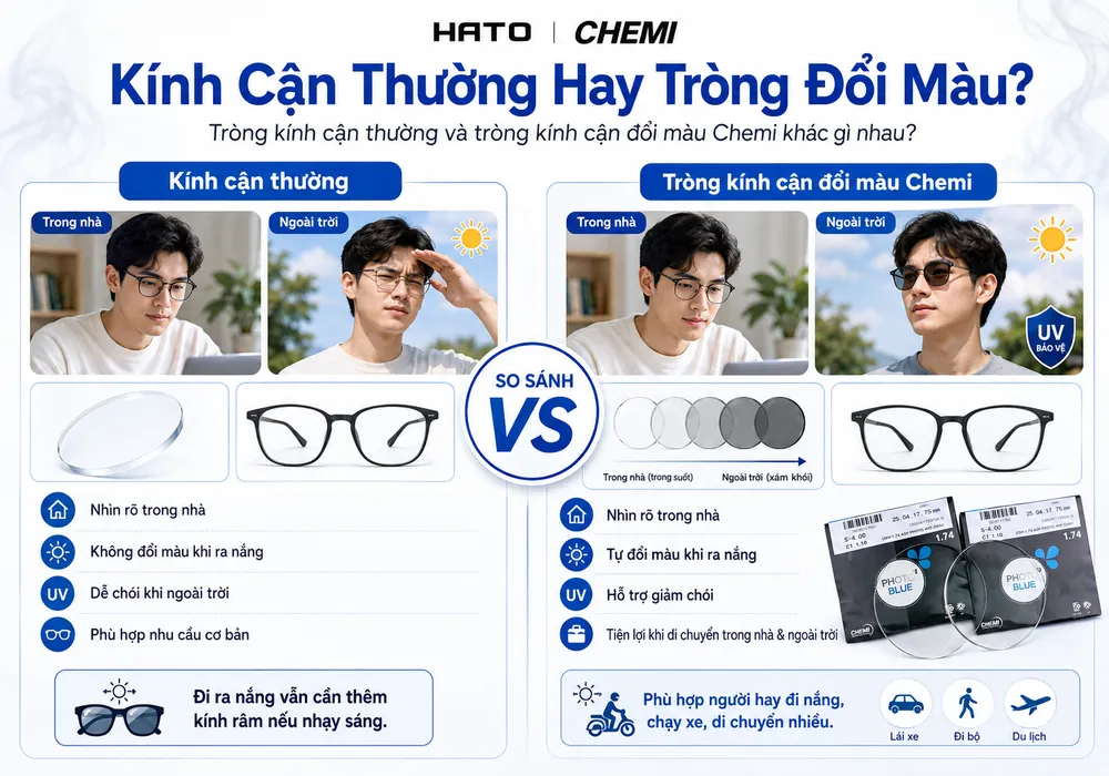 Infographic so sánh kính cận thường và tròng kính cận đổi màu Chemi tại HATO Eyewear, giúp người dùng hiểu sự khác nhau khi dùng trong nhà và ngoài trời.