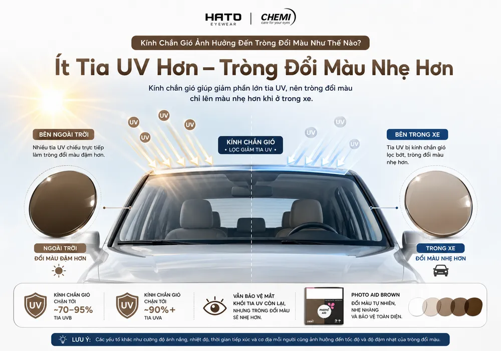 Ảnh minh họa cơ chế kính chắn gió ô tô làm giảm tia UV, khiến tròng kính đổi màu lên màu nhẹ hơn trong xe so với khi tiếp xúc trực tiếp ngoài trời.