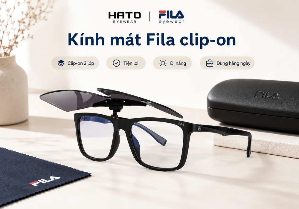 Kính mát Fila clip-on 2 lớp màu đen với cơ chế gắn tháo tiện lợi, phù hợp đi nắng và dùng hằng ngày tại Hato Eyewear.