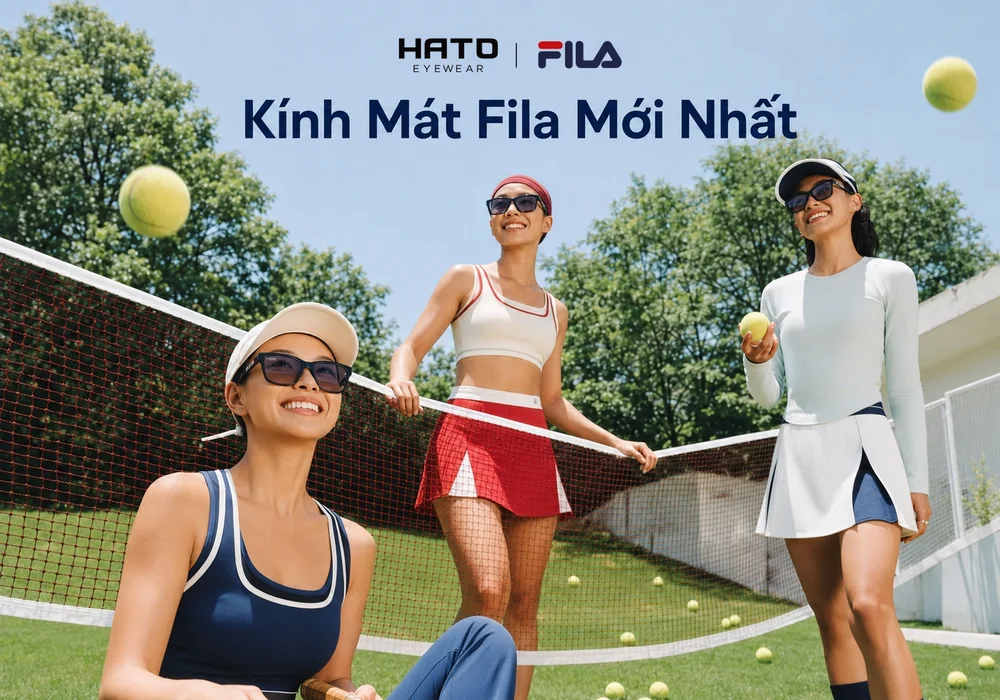 Nhóm người mẫu đeo kính mát Fila mới nhất trong không gian tennis ngoài trời, phong cách thể thao hiện đại tại Hato Eyewear