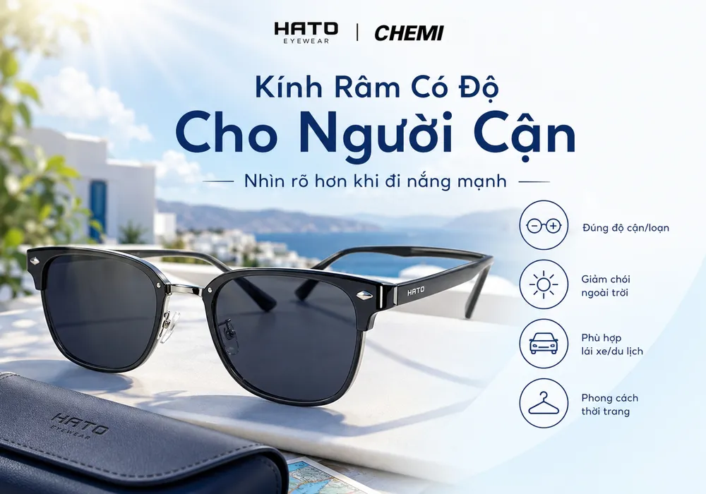 Kính râm có độ cho người cận với tròng màu đậm cố định, phù hợp đi nắng, lái xe và du lịch.