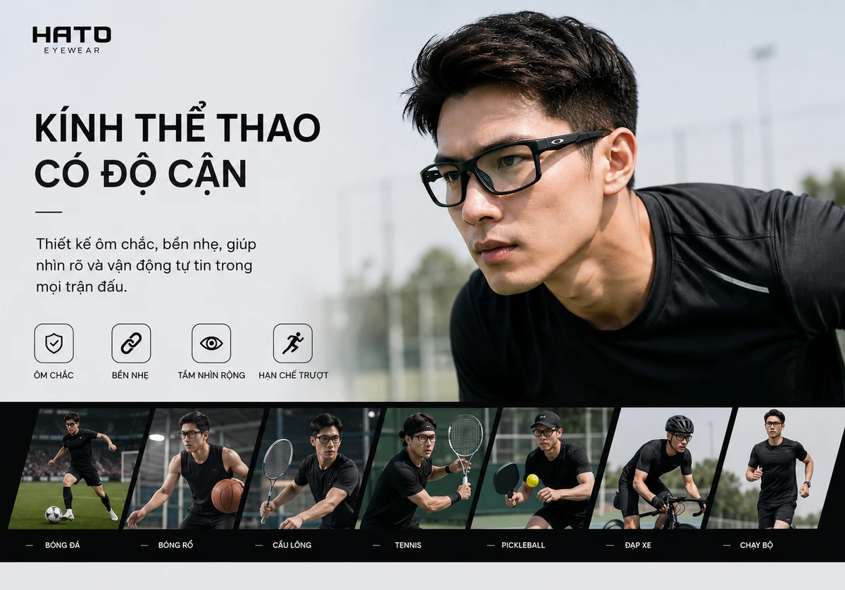 Tìm hiểu kính thể thao có độ cận là gì, vì sao phù hợp cho người cận khi chơi thể thao và lợi ích của gọng kính ôm chắc, bền nhẹ, hỗ trợ nhìn rõ khi vận động.