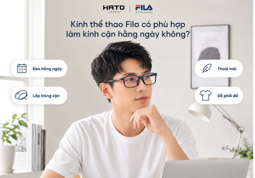 Ảnh minh họa kính thể thao Fila lắp tròng cận với thiết kế ôm mặt, thoải mái, dễ phối đồ và phù hợp sử dụng hằng ngày tại Hato Eyewear.