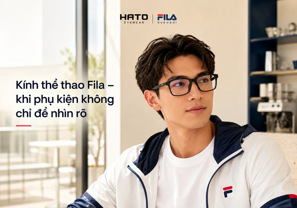 Người mẫu trẻ đeo kính thể thao Fila gọng đen, phong cách lifestyle năng động, hiện đại, phù hợp đeo hằng ngày tại Hato Eyewear.