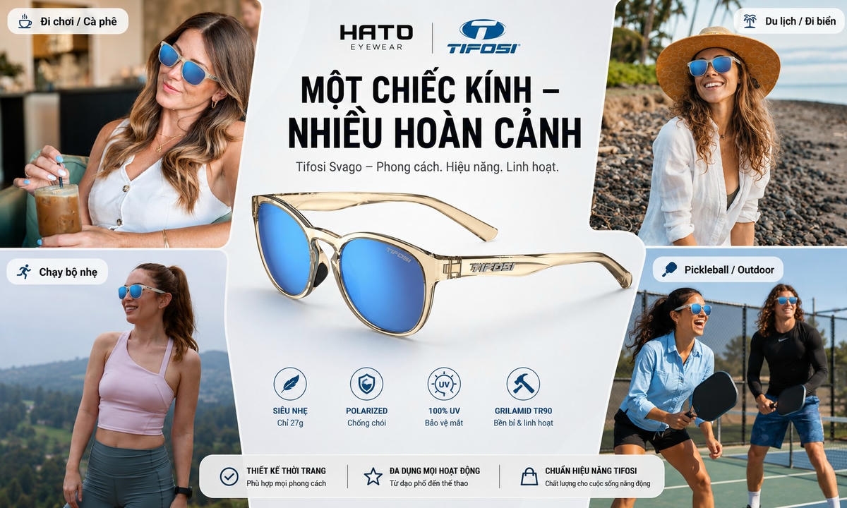Kính Tifosi Svago gọng trong tròng xanh, phù hợp đi chơi, cà phê, du lịch, chạy bộ nhẹ và hoạt động outdoor.