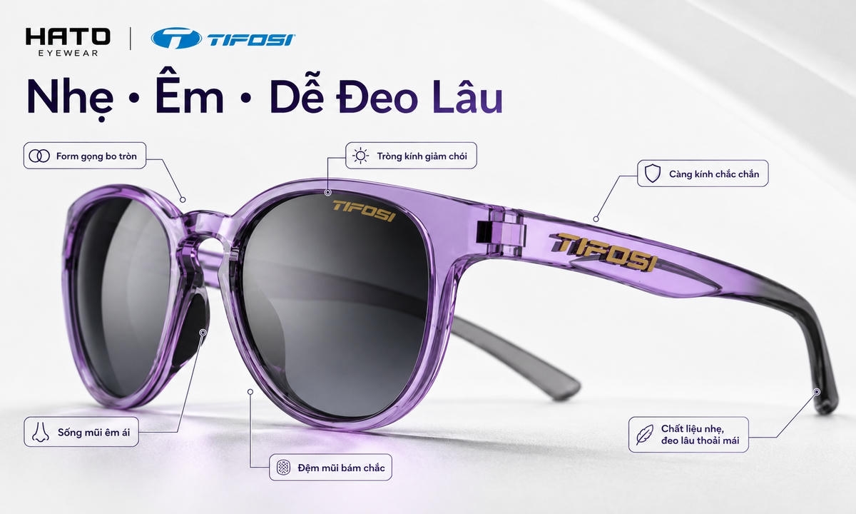 Kính Tifosi Svago gọng tím trong suốt, tròng tối chống UV, thiết kế nhẹ êm dễ đeo lâu tại HATO Eyewear.