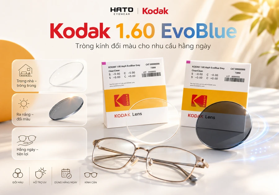 Kodak 1.60 EvoBlue là tròng kính đổi màu phù hợp nhu cầu hằng ngày, trong nhà tròng trong và ra nắng chuyển màu xám khói.