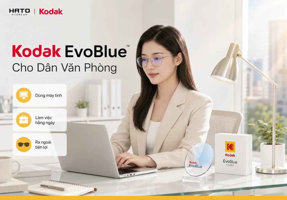 Ảnh minh họa tròng kính Kodak EvoBlue cho dân văn phòng, hỗ trợ dùng máy tính, làm việc hằng ngày và tiện lợi khi ra ngoài.