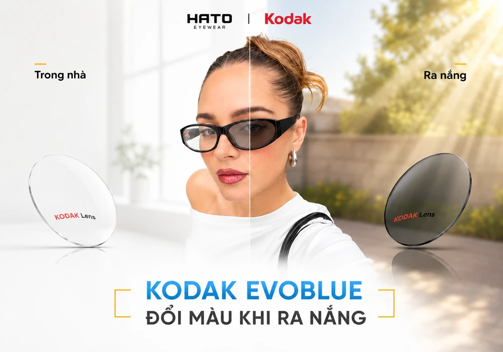 Tròng kính Kodak EvoBlue đổi màu khi ra nắng, minh họa trạng thái trong suốt trong nhà và chuyển xám khói ngoài trời tại HATO Eyewear