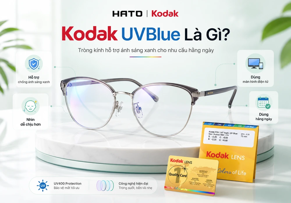 Tròng kính Kodak UVBlue hỗ trợ chống ánh sáng xanh, phù hợp cho người dùng màn hình điện tử và nhu cầu đeo kính hằng ngày.