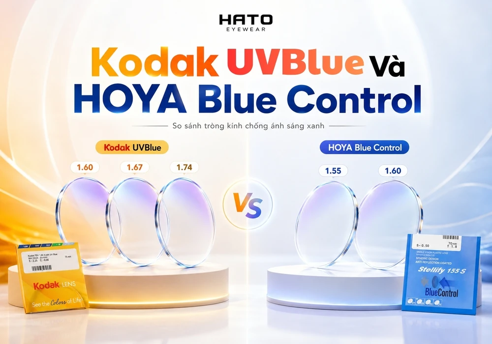 Hình ảnh đại diện blog so sánh Kodak UVBlue và HOYA Blue Control, giúp người đọc dễ hình dung sự khác nhau giữa hai dòng tròng kính chống ánh sáng xanh theo chiết suất và định hướng nhu cầu sử dụng.