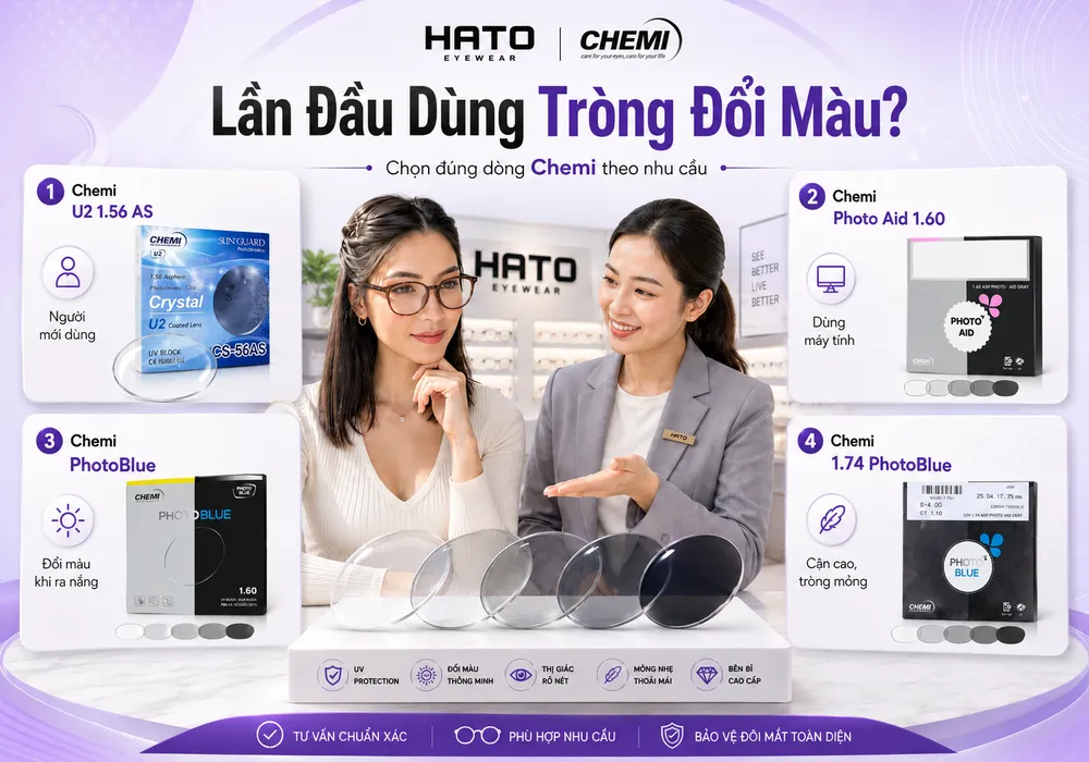 Lần đầu dùng tròng đổi màu nên chọn Chemi dòng nào? Tư vấn Chemi U2, Photo Aid 1.60, PhotoBlue hay 1.74 PhotoBlue theo nhu cầu sử dụng.