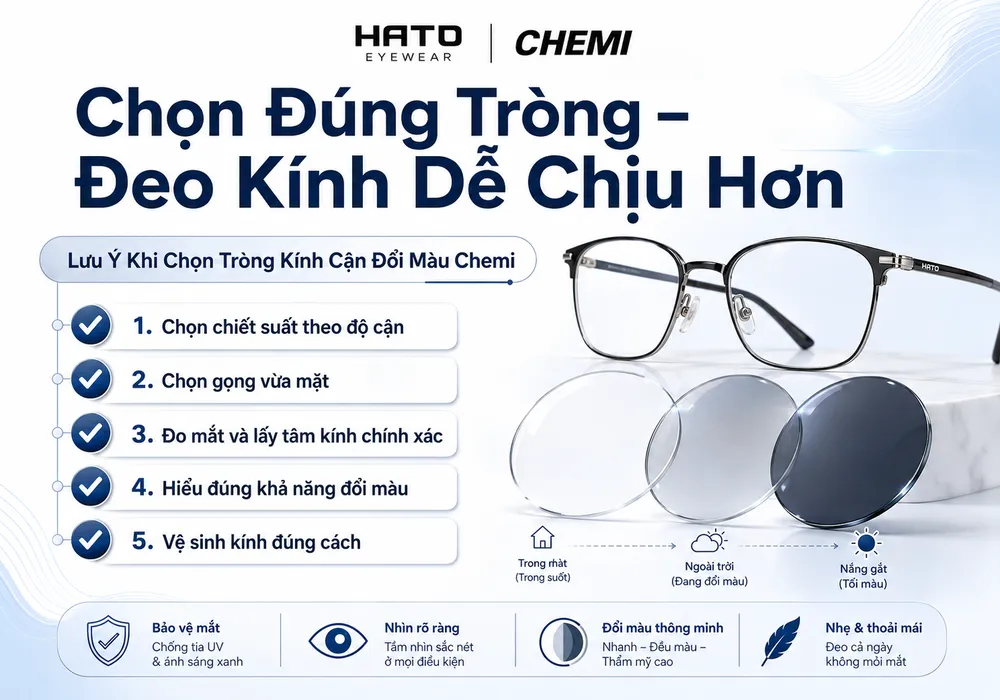 Infographic lưu ý khi chọn tròng kính cận đổi màu Chemi gồm chọn chiết suất, chọn gọng vừa mặt, đo tâm kính chính xác và vệ sinh kính đúng cách.