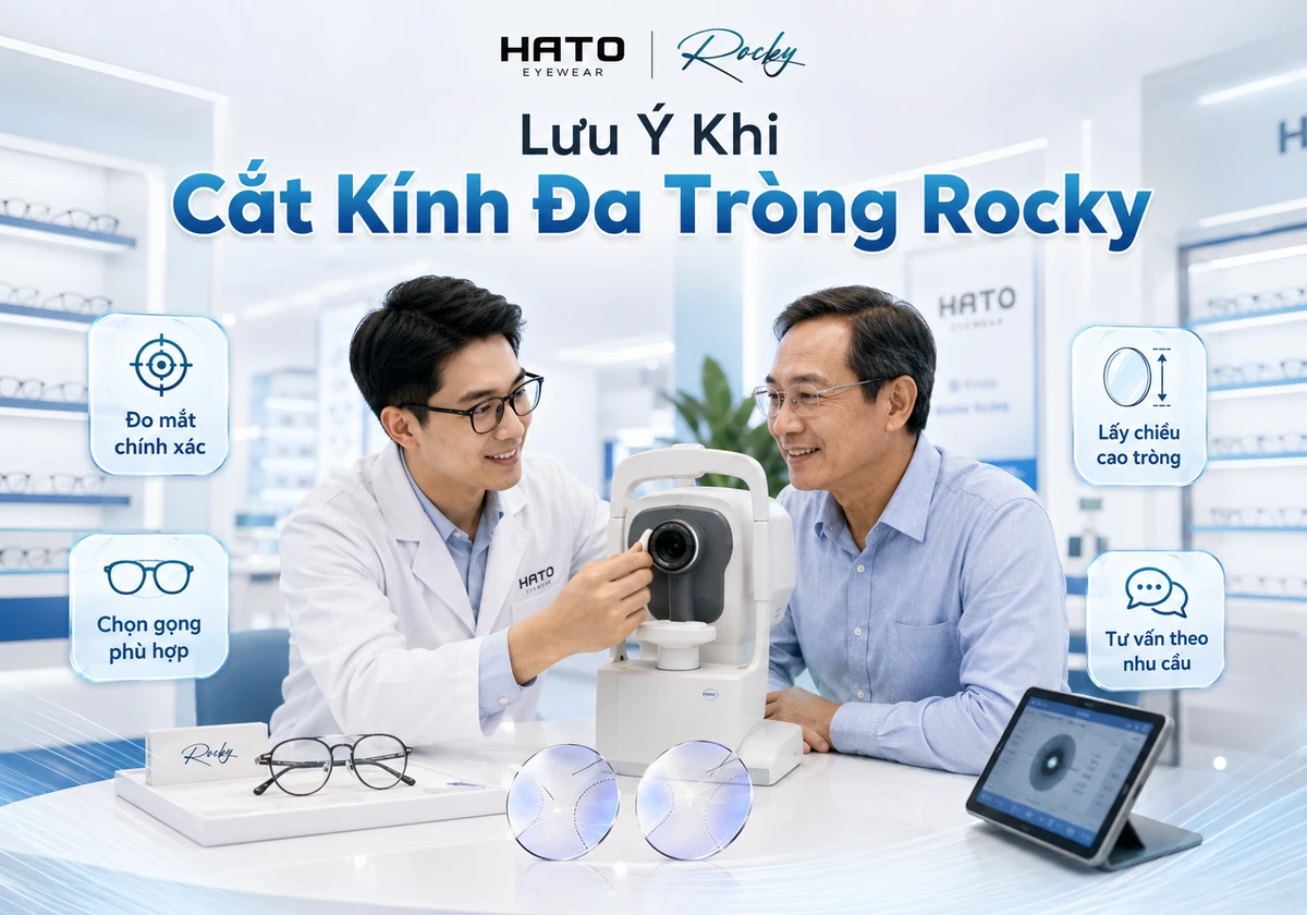 Kỹ thuật viên Hato Eyewear tư vấn và đo mắt khi cắt kính đa tròng Rocky cho khách hàng trung niên