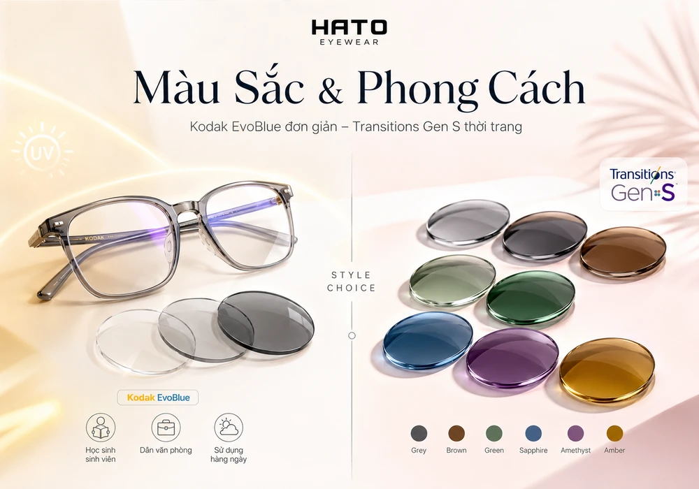 Ảnh minh họa so sánh màu sắc và phong cách giữa Kodak EvoBlue và Essilor Transitions Gen S. Hình ảnh thể hiện Kodak EvoBlue với phong cách đơn giản, màu tròng phổ biến, phù hợp sử dụng hằng ngày; trong khi Essilor Transitions Gen S nổi bật với bảng màu thời trang như Grey, Brown, Green, Sapphire, Amethyst và Amber. Phù hợp cho bài viết tư vấn tròng kính đổi màu tại HATO Eyewear.