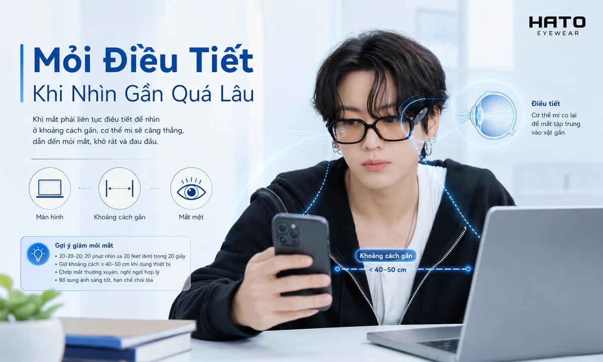 Minh họa mỏi điều tiết khi nhìn gần quá lâu với người đeo kính nhìn điện thoại và laptop, kèm mô phỏng cơ chế điều tiết của mắt.