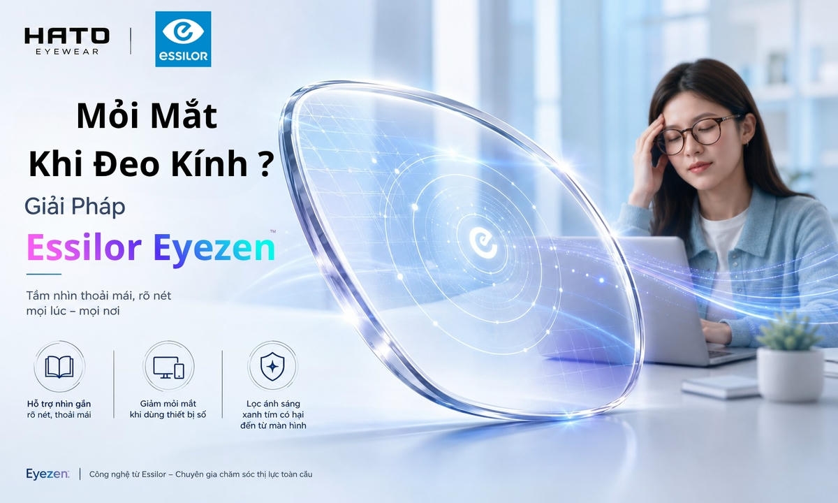 Ảnh đại diện blog về tình trạng mỏi mắt khi đeo kính với giải pháp Essilor Eyezen, nổi bật tròng kính Eyezen trong suốt cùng hiệu ứng hỗ trợ thư giãn mắt và người đeo kính làm việc trước laptop.