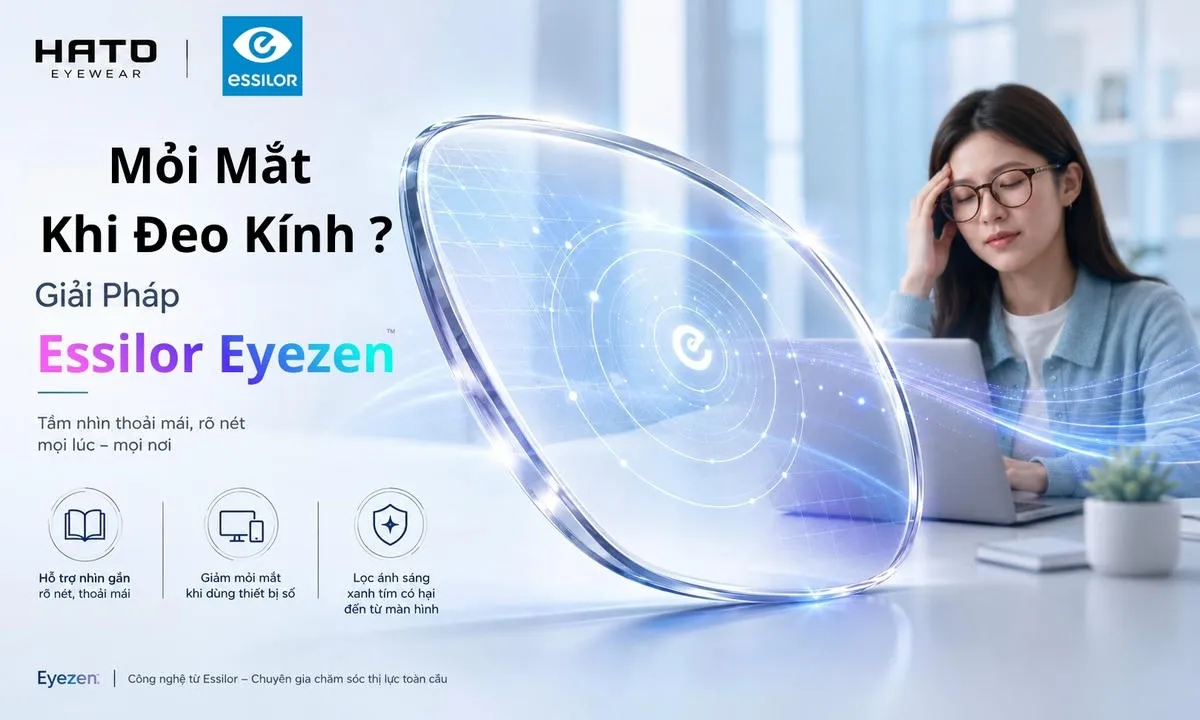 Ảnh đại diện blog về tình trạng mỏi mắt khi đeo kính với giải pháp Essilor Eyezen, nổi bật tròng kính Eyezen trong suốt cùng hiệu ứng hỗ trợ thư giãn mắt và người đeo kính làm việc trước laptop.