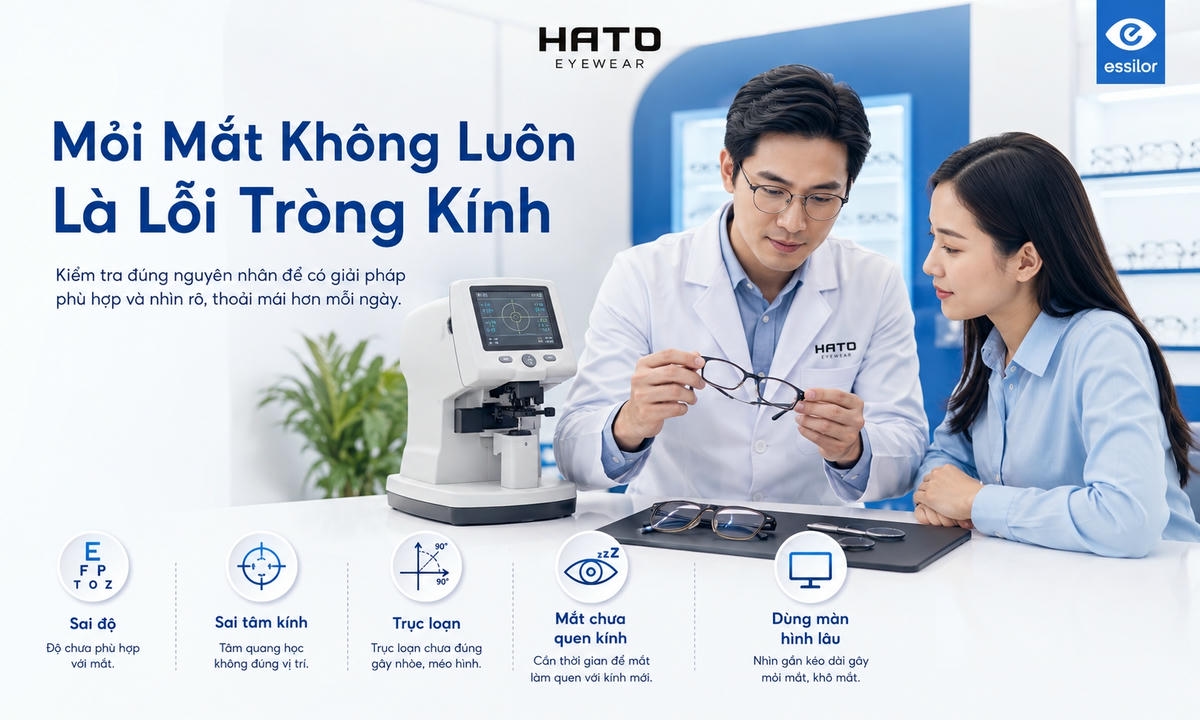 Chuyên viên khúc xạ kiểm tra kính cho khách hàng bị mỏi mắt sau khi đeo kính mới tại HATO Eyewear.