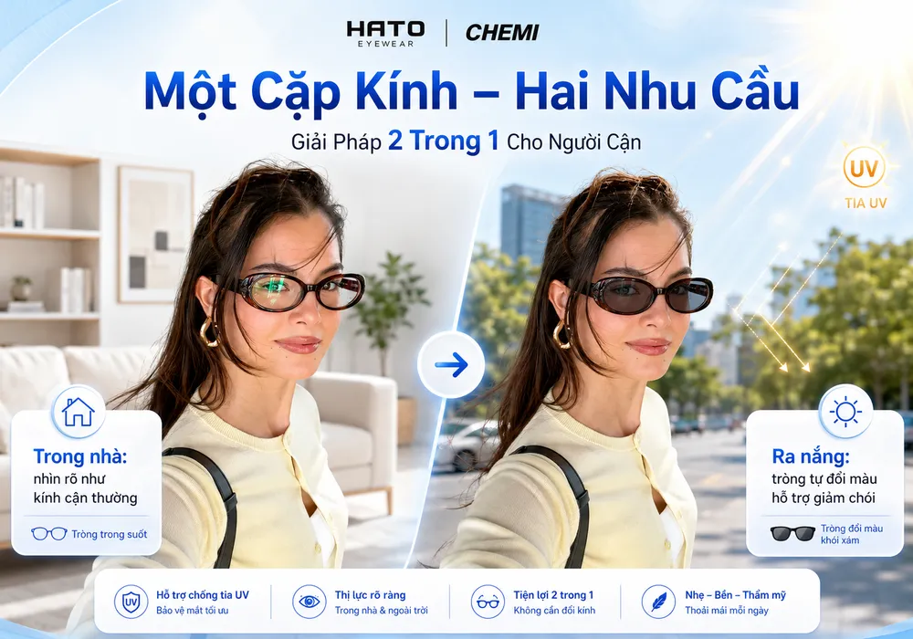 Một cặp kính hai nhu cầu với tròng kính Chemi đổi màu, trong nhà trong suốt và ra nắng chuyển màu khói hỗ trợ giảm chói.