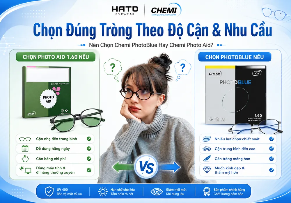 So sánh nên chọn Chemi PhotoBlue hay Chemi Photo Aid 1.60 theo độ cận và nhu cầu sử dụng.