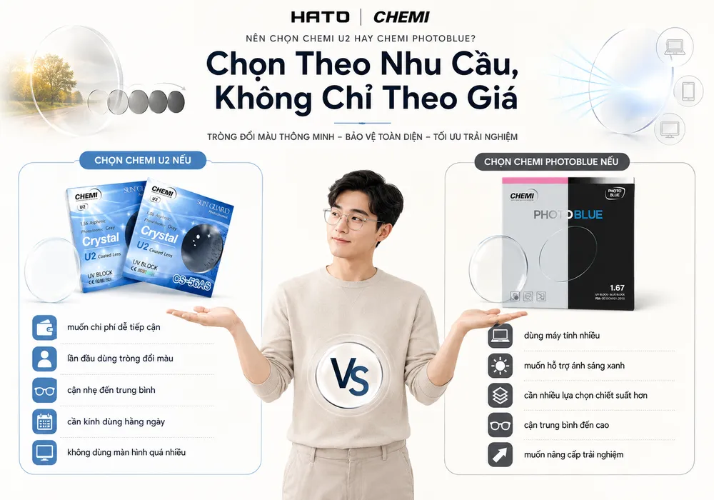 Ảnh minh họa so sánh Chemi U2 và Chemi PhotoBlue tại HATO Eyewear, giúp chọn tròng kính đổi màu phù hợp theo nhu cầu sử dụng hằng ngày và làm việc với màn hình.