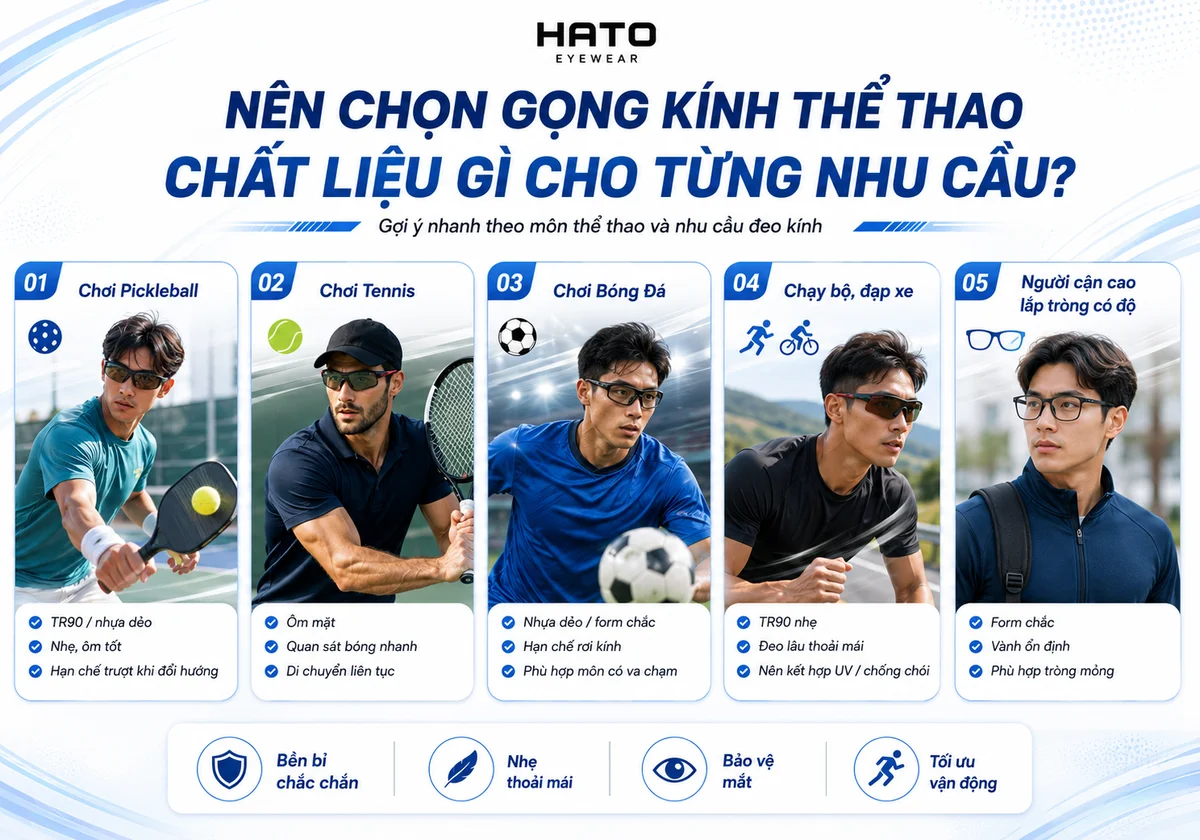 Infographic tư vấn nên chọn gọng kính thể thao chất liệu gì cho từng nhu cầu như pickleball, tennis, bóng đá, chạy bộ đạp xe và người cận cao tại HATO Eyewear.