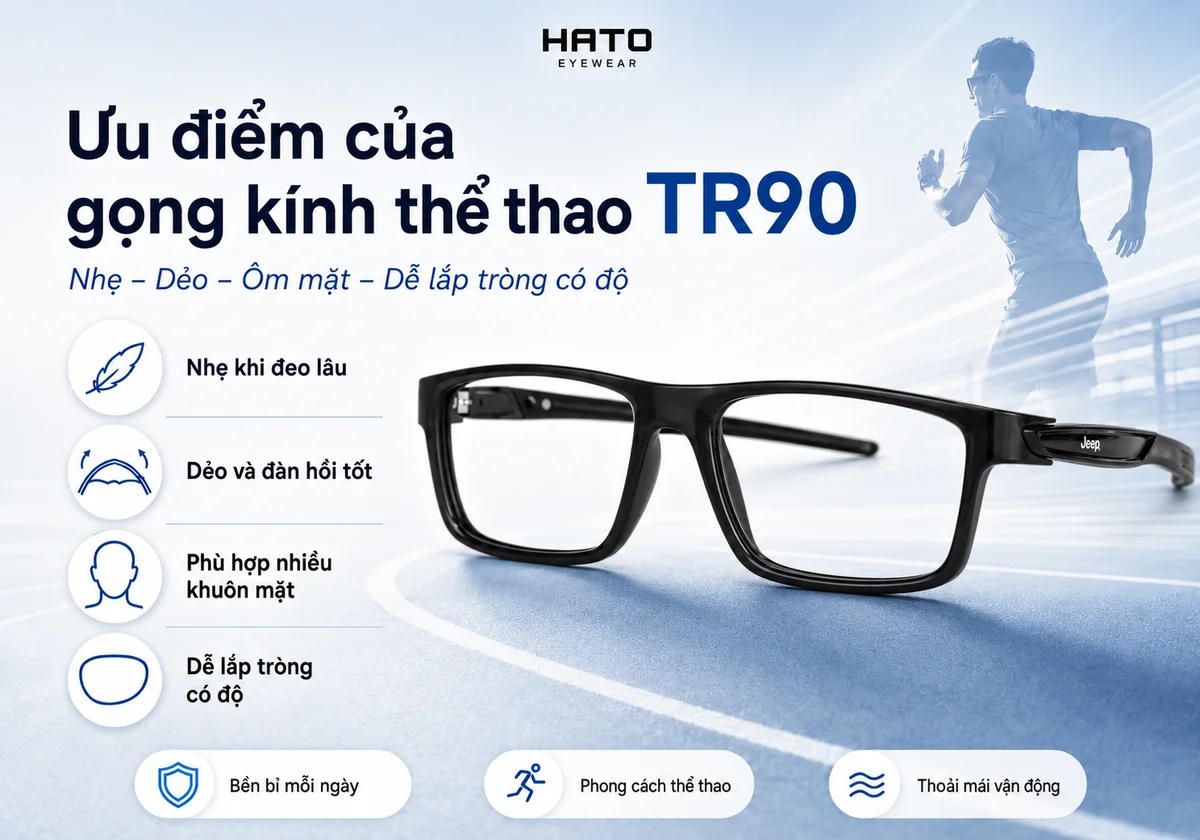 Ưu điểm của gọng kính thể thao TR90 nhẹ, dẻo, ôm mặt và dễ lắp tròng có độ tại HATO Eyewear.