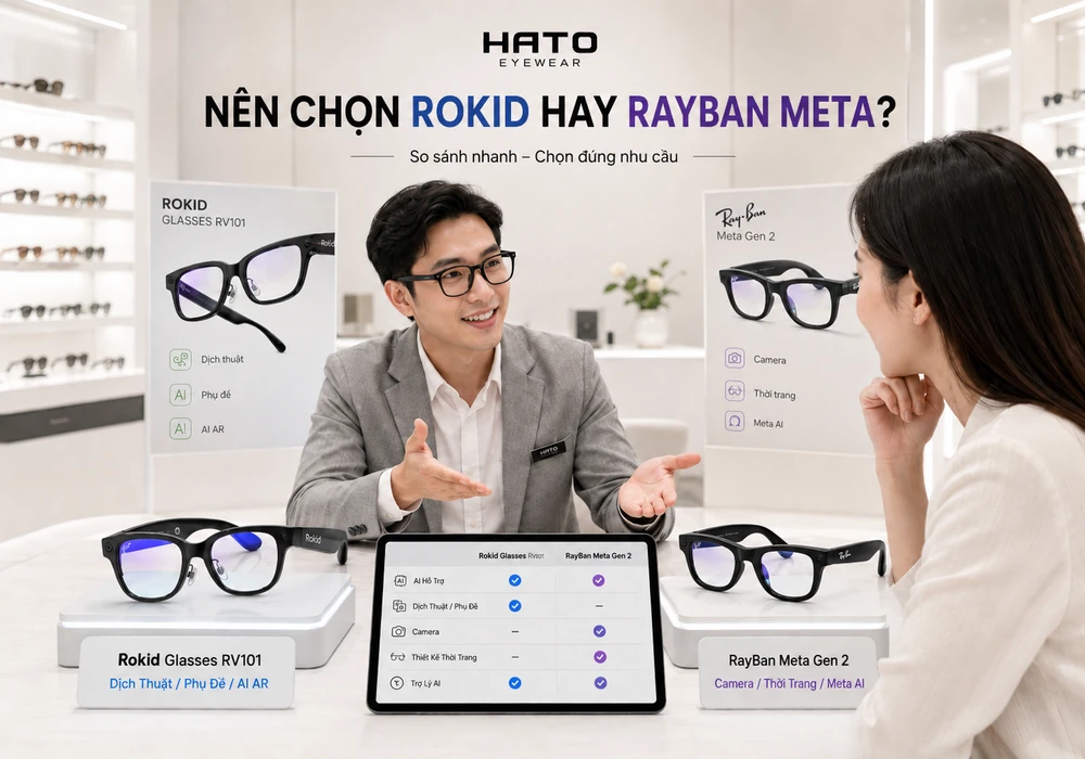 Chuyên viên HATO Eyewear tư vấn so sánh kính thông minh Rokid Glasses RV101 và RayBan Meta Gen 2 trong showroom hiện đại.