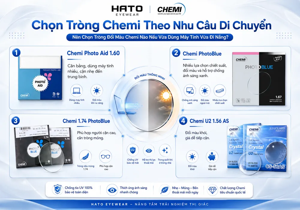 Nên chọn tròng đổi màu Chemi nào nếu vừa dùng máy tính vừa đi nắng với 4 lựa chọn Photo Aid 1.60, PhotoBlue, 1.74 PhotoBlue và U2 1.56 AS.