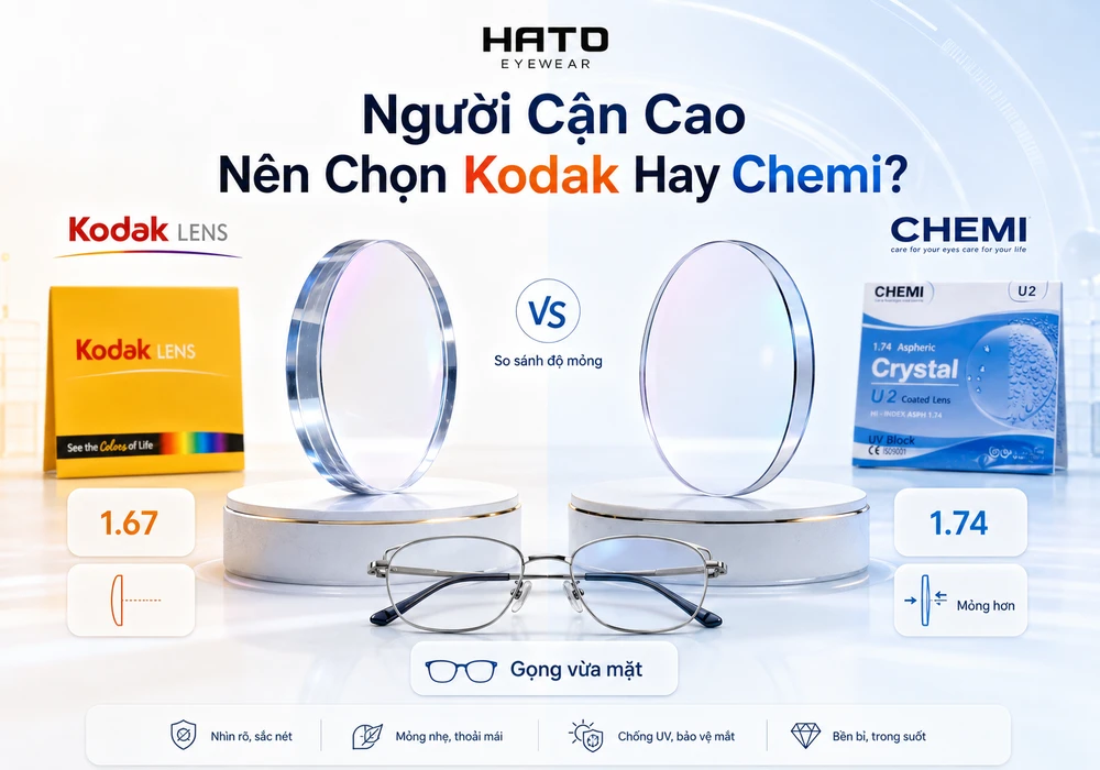 Ảnh minh họa blog so sánh tròng kính Kodak và Chemi cho người cận cao, tập trung vào độ mỏng của tròng chiết suất 1.67 và 1.74, giúp người đeo dễ chọn tròng kính phù hợp với độ cận và gọng kính.
