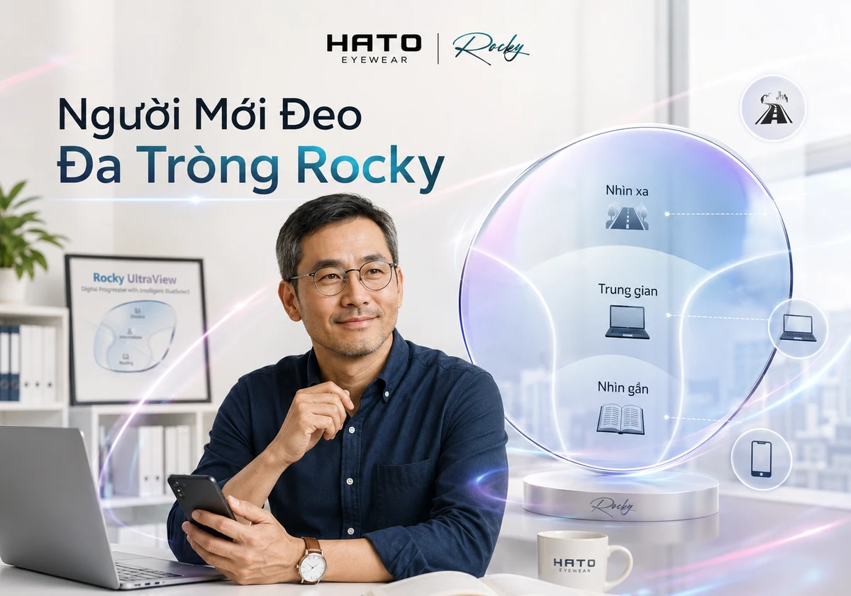 Ảnh đại diện blog về người mới đeo đa tròng Rocky, minh họa 3 vùng nhìn trên tròng kính gồm nhìn xa, trung gian và nhìn gần.