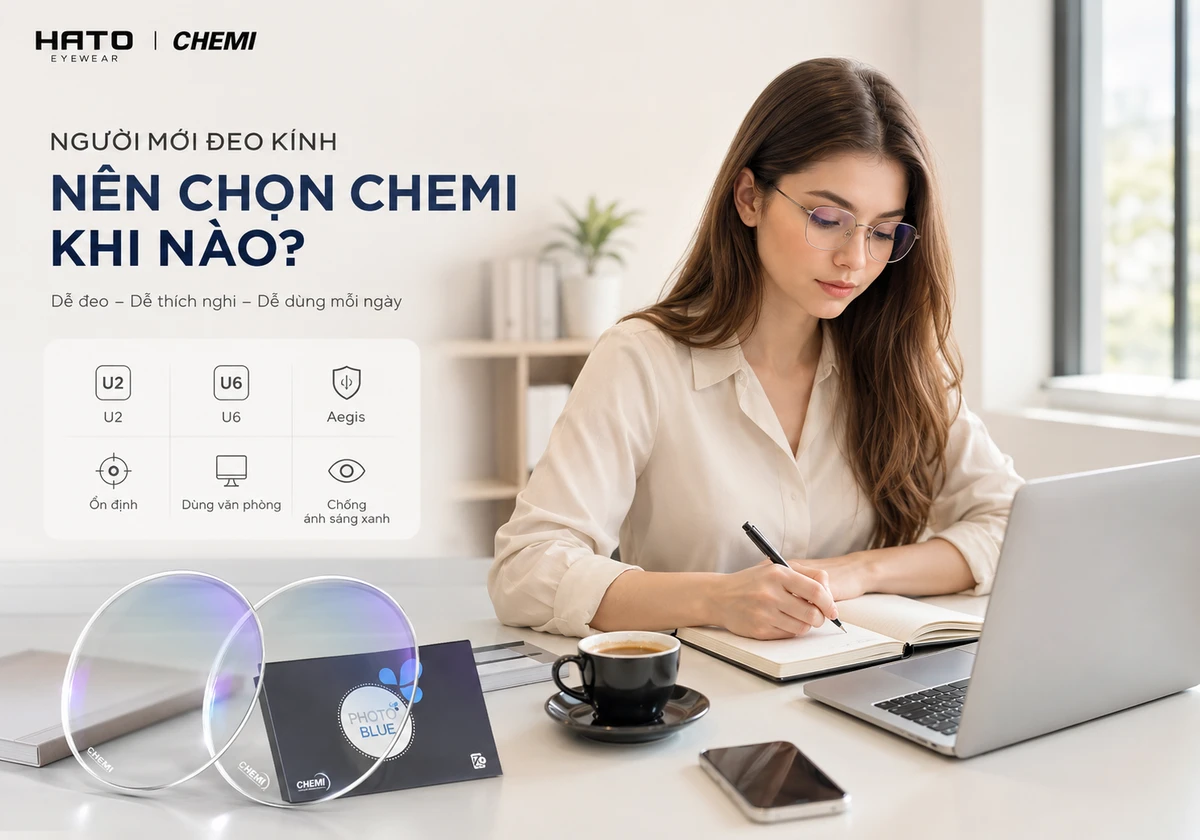 Ảnh minh họa người mới đeo kính nên chọn tròng kính Chemi khi cần sự ổn định, dễ thích nghi, dùng văn phòng và hỗ trợ chống ánh sáng xanh.