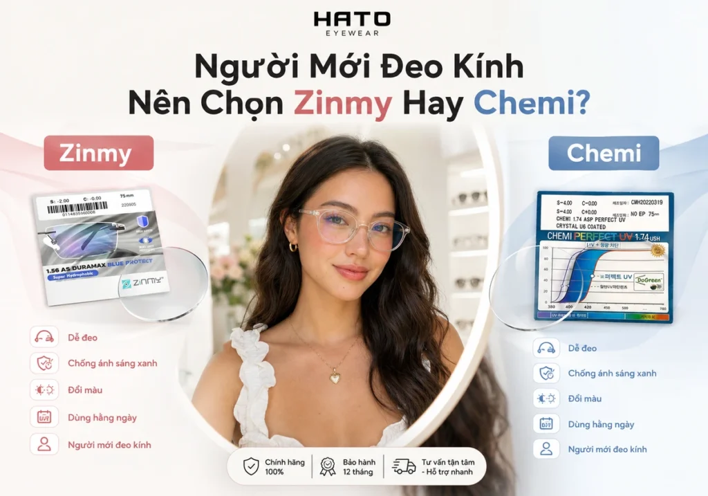 Ảnh đại diện blog so sánh tròng kính Zinmy và Chemi cho người mới đeo kính, nổi bật các tiêu chí dễ đeo, chống ánh sáng xanh, đổi màu và dùng hằng ngày.