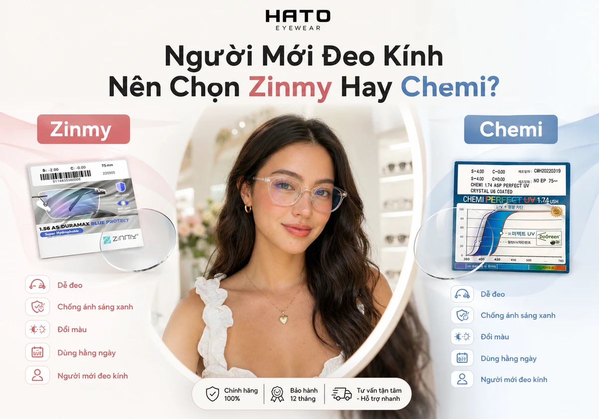 Ảnh đại diện blog so sánh tròng kính Zinmy và Chemi cho người mới đeo kính, nổi bật các tiêu chí dễ đeo, chống ánh sáng xanh, đổi màu và dùng hằng ngày.