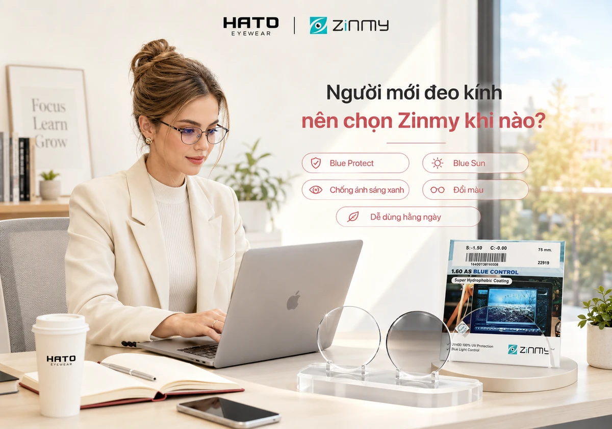 Nhân viên văn phòng trẻ đeo kính lắp tròng Zinmy Blue Protect và Zinmy Blue Sun, phù hợp cho người mới đeo kính