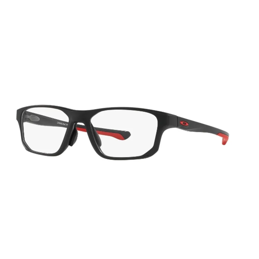 Gọng kính thể thao Oakley màu đen phối đỏ, kiểu dáng chữ nhật năng động, phù hợp lắp tròng cận hoặc loạn để sử dụng hằng ngày.