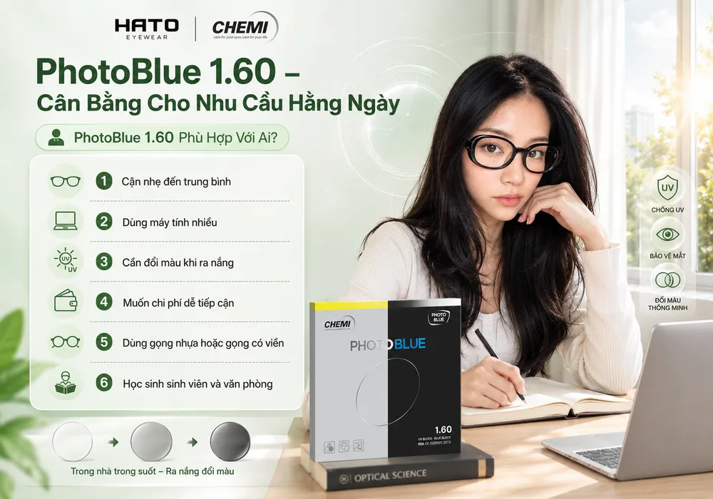PhotoBlue 1.60 phù hợp với ai, tròng kính đổi màu Chemi cho nhu cầu hằng ngày
