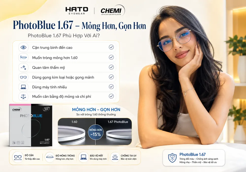 PhotoBlue 1.67 phù hợp với người cận trung bình đến cao, cần tròng mỏng hơn, dùng máy tính nhiều và ưu tiên thẩm mỹ.