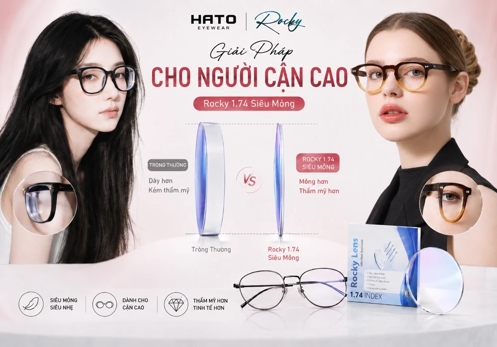 Mẫu đeo kính so sánh tròng thường dày và tròng Rocky 1.74 siêu mỏng cho người cận cao tại HATO Eyewear