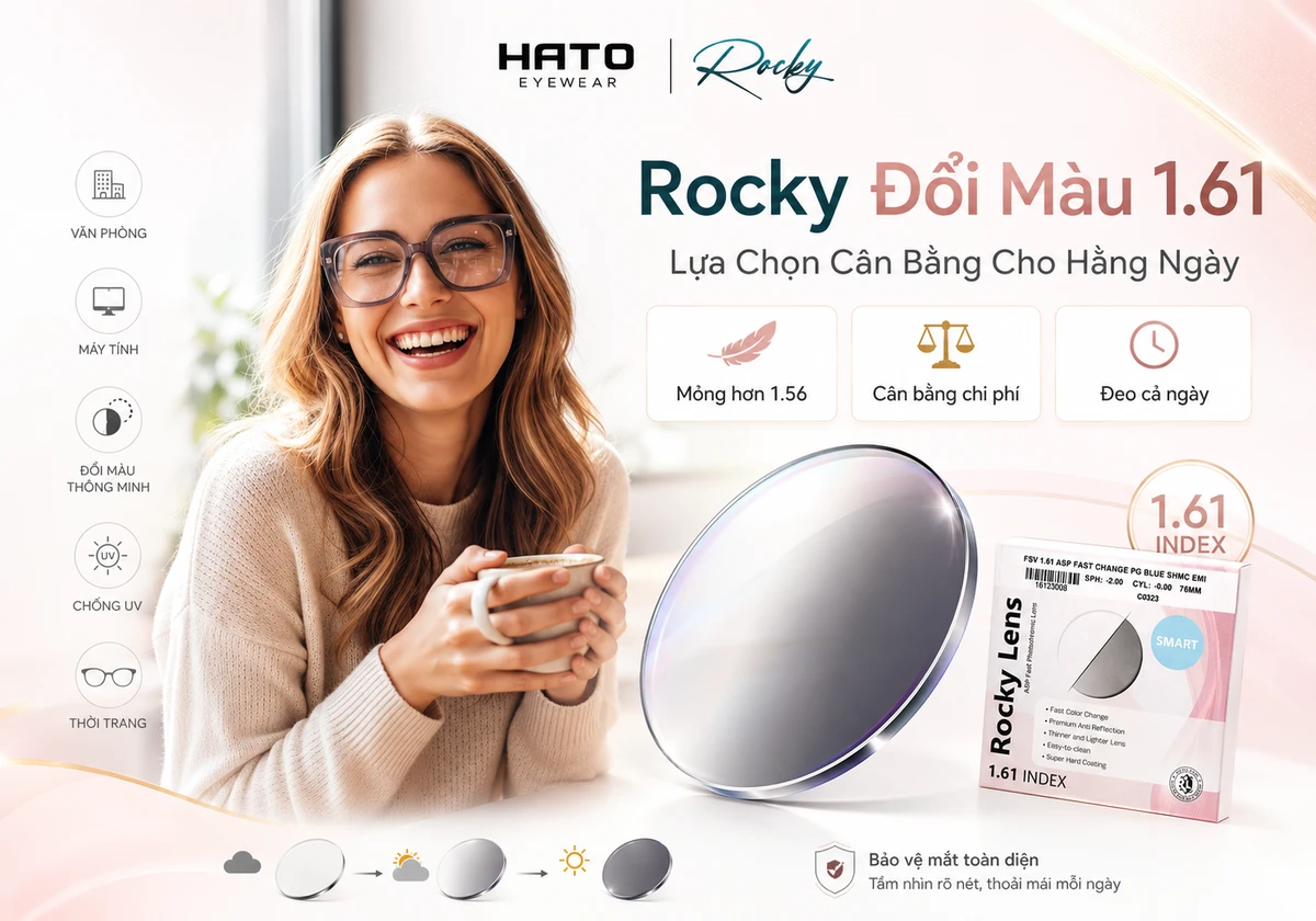 Ảnh minh họa tròng kính Rocky đổi màu 1.61 tại Hato Eyewear, thể hiện người dùng đeo kính trong không gian sáng hiện đại, kết hợp tròng kính đổi màu xám khói và bao bì sản phẩm Rocky Lens 1.61, phù hợp cho nhu cầu đeo hằng ngày.