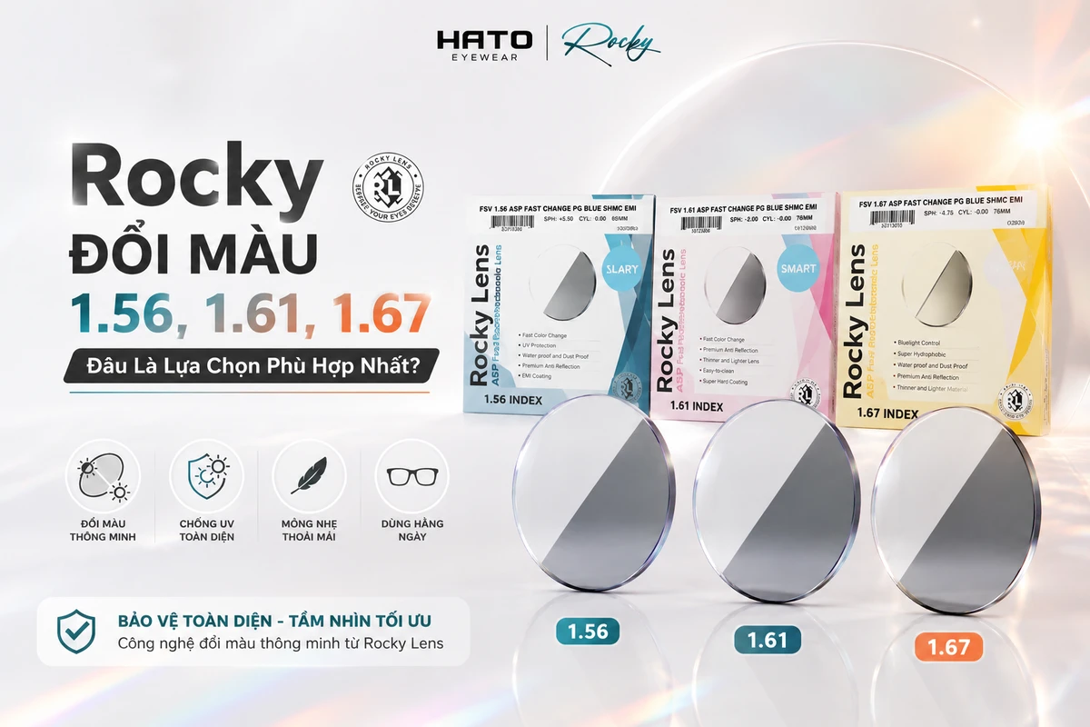 Ảnh minh họa tròng kính Rocky đổi màu 1.56, 1.61 và 1.67 với bố cục hiện đại, thể hiện sự khác nhau giữa các chiết suất tròng kính, hỗ trợ người dùng chọn loại tròng phù hợp khi cắt kính tại Hato Eyewear.